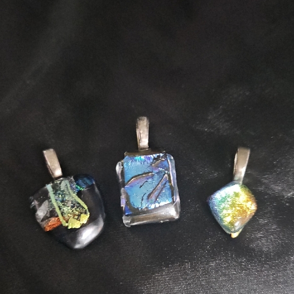 Jewelry - SET OF 3- Dichroic Glass Pendant Necklace - Blue Green Iridescent